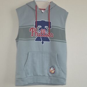 Sleeveless Phillies Hooded Pullover - Light Gray with Red Trim
